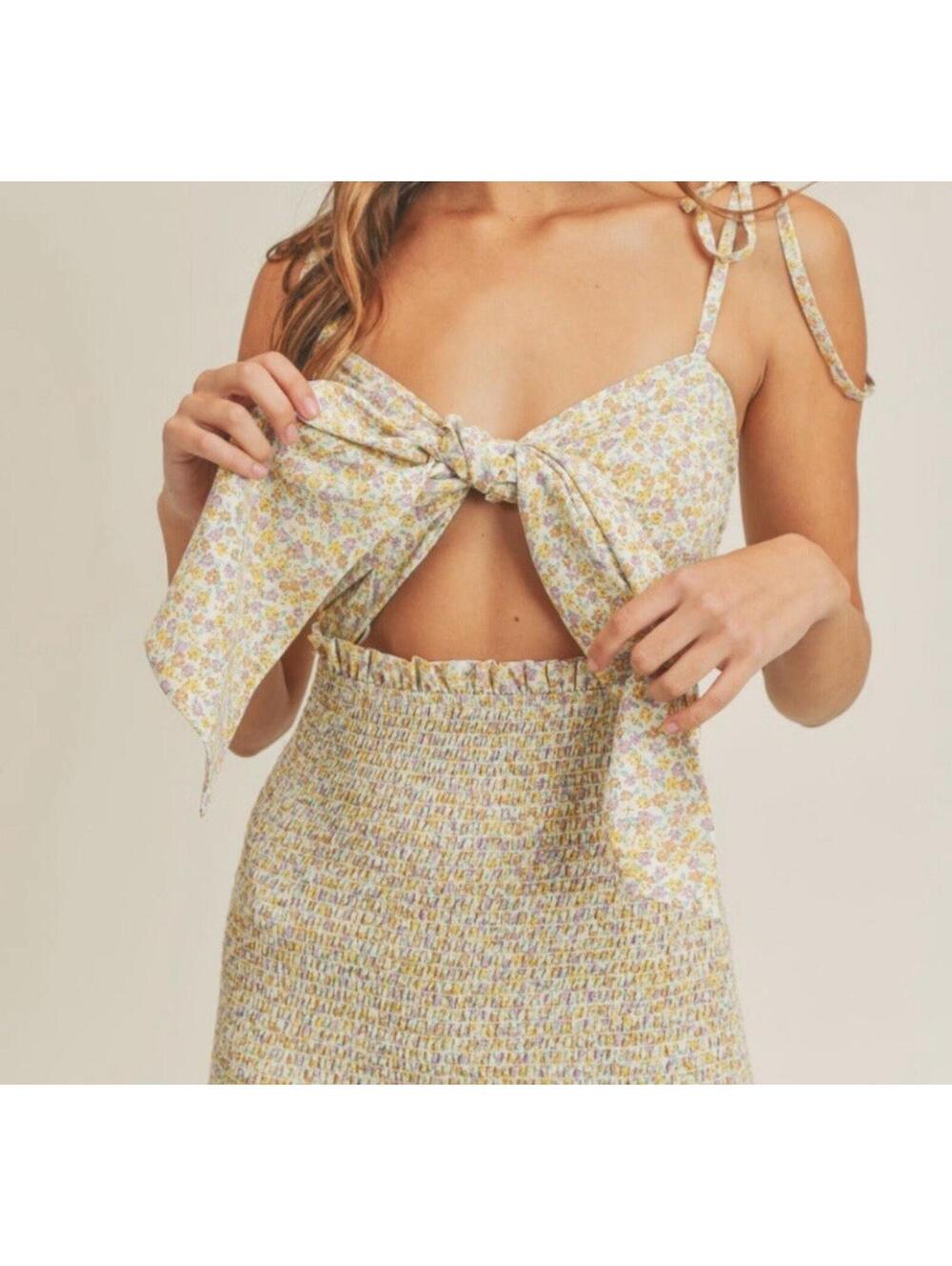 Mable Smocked Ruffled Midi Floral Print Sundress Size Small Bodycon Pale Yellow